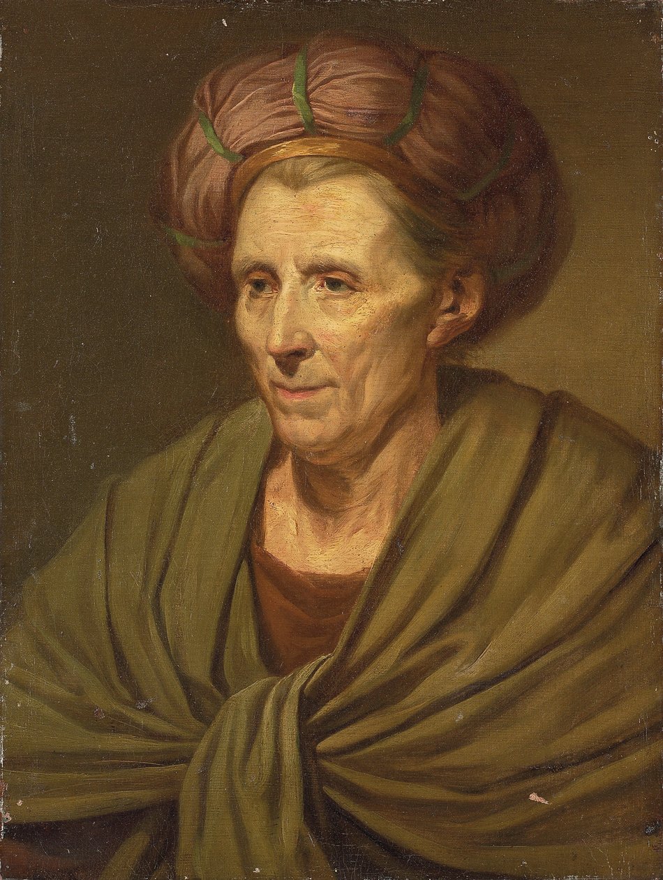 Naisen muotokuva, rinnan mittainen, ruskea turbaani ja vihreä huivi tekijältä Jean Baptiste Greuze