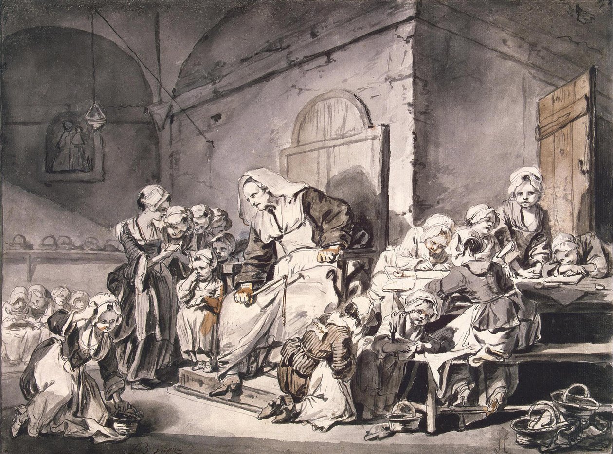 Kouluopettaja par Greuze, Jean-Baptiste (1725-1805). Kynä, sivellin, väri harmaa ja ruskea, akvarelli paperille, koko: 27,8x33,8, n. 1764-1765, Valtion Eremitaaši, Pietari tekijältä Jean Baptiste Greuze