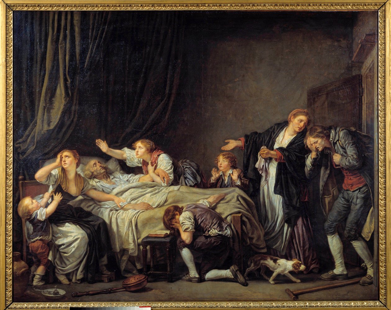 Poikaa rangaistiin Poika palaa kotiin ja löytää perheensä itkevän kuolleen isän sängyn viereen. Jean Baptiste Greuzen (1725-1805) maalaus 1778 Su. 1,3x1,63 m tekijältä Jean Baptiste Greuze