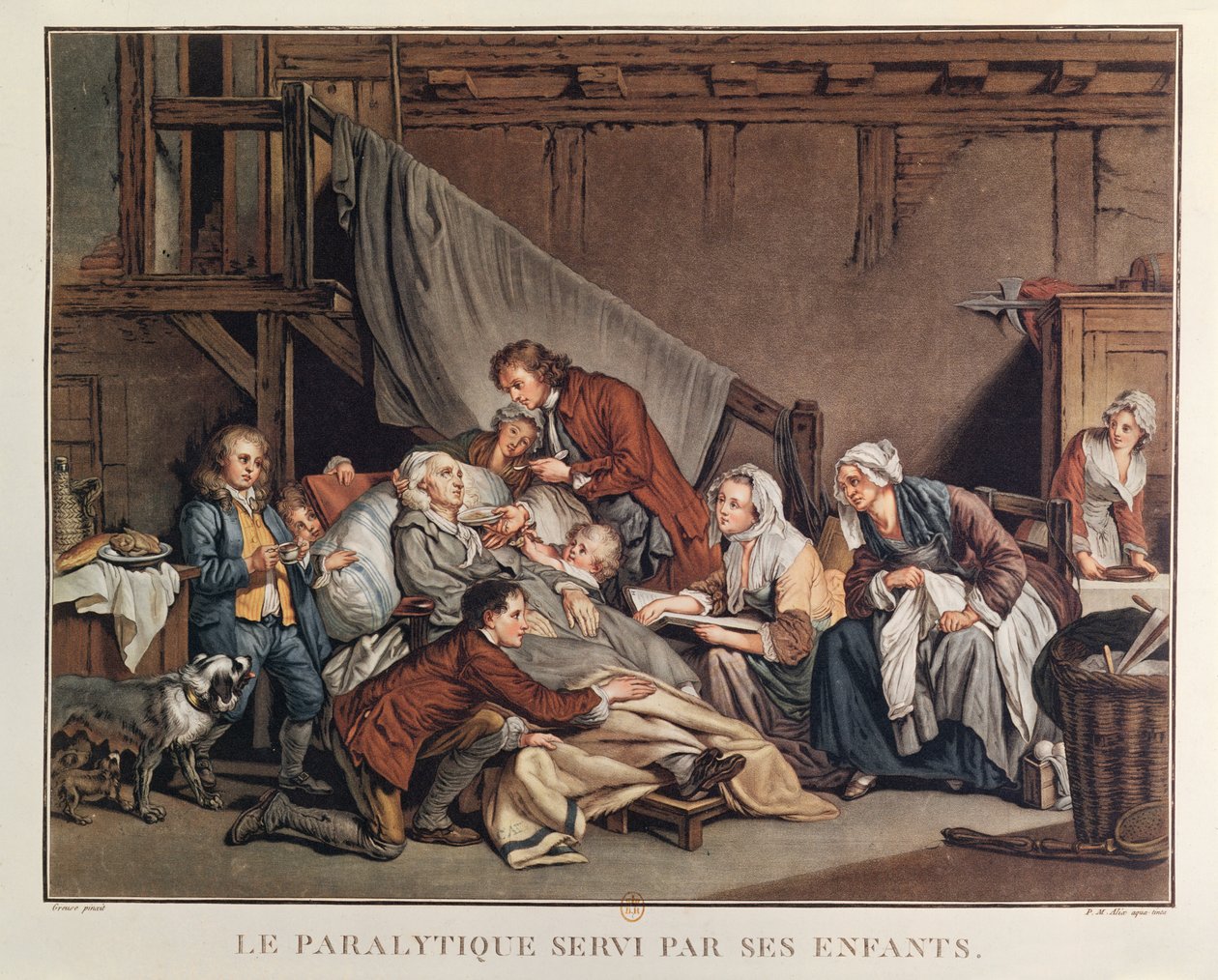 Paralyyttinen mies, jota auttoivat lapsensa, kaiverrus Alix, n. 1800 tekijältä Jean Baptiste Greuze