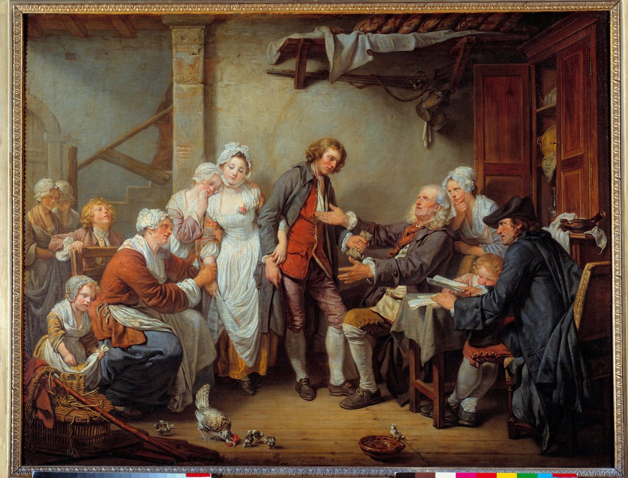 Kylälahja Morsiamen isä antaa kyyhkyn vävylleen. Jean Baptiste Greuzen (1725-1805) maalaus. 1761 Su. 0,92 x 1,17 m. tekijältä Jean Baptiste Greuze