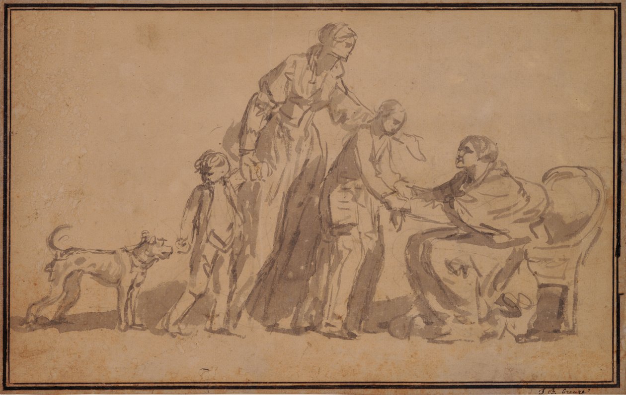 Kaksi lasta ja äiti toivotti tervetulleeksi vanha sairaanhoitaja tekijältä Jean Baptiste Greuze