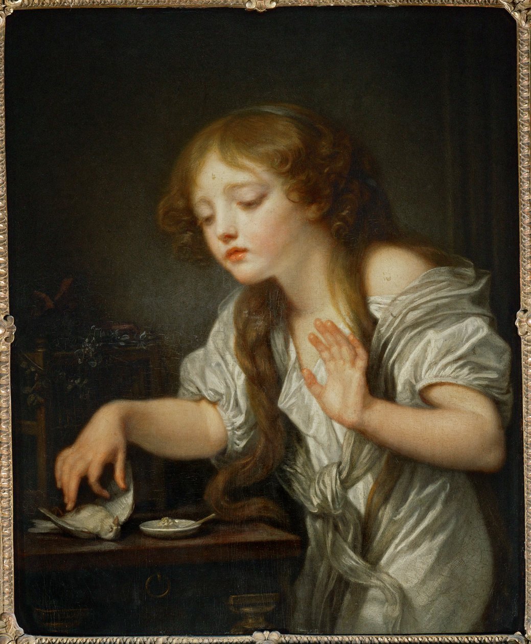 Lapsi, joka ei halua koskea lintuun, koska pelkää sen olevan kuollut, sanoo, että lintu on kuollut ... tekijältä Jean Baptiste Greuze