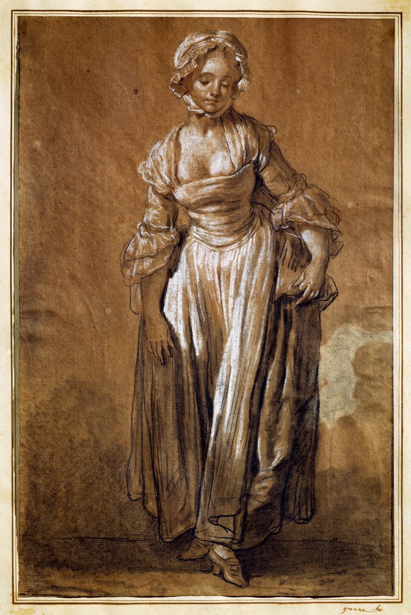 Nuori tyttö seisomassa, piirustus Jean-Baptiste Greuze (1725-1805) tekijältä Jean Baptiste Greuze