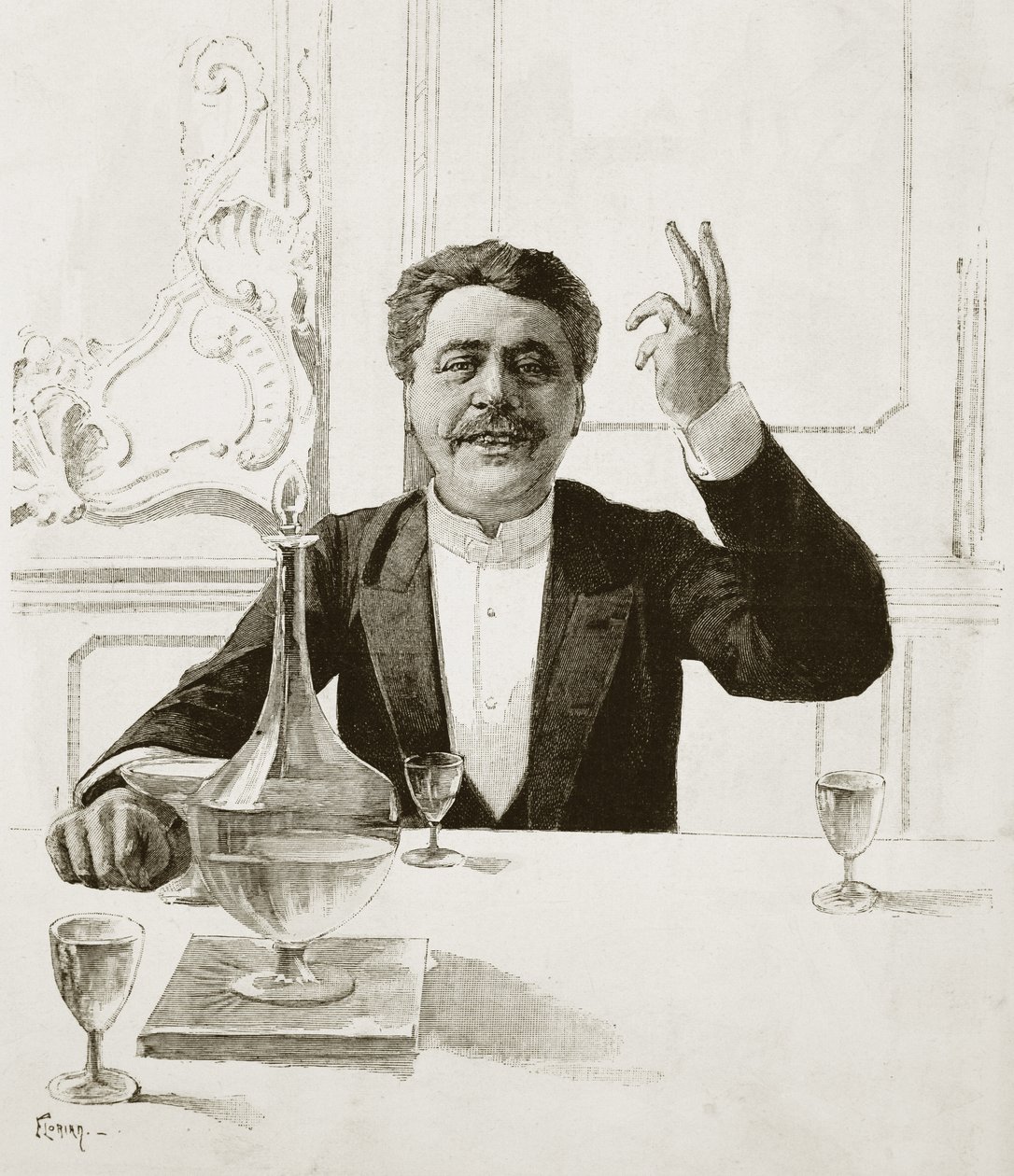 Henry Becquen (1837-1899), ranskalaisen näytelmäkirjailijan muotokuva - Florianin hauta Jean-Baptiste Guthin (1883-1921) mukaan - Julkaistu julkaisussa Revue illustree, n. 1890 tekijältä Jean Baptiste Guth