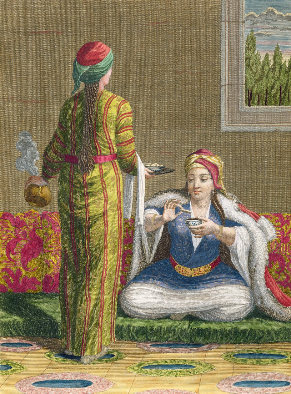 Turkkilainen tyttö, juomassa kahvia sohvalla, 1700-luku tekijältä Jean Baptiste Haussard