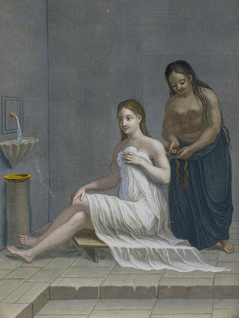 Turkkilainen tyttö, jonka hiukset on punottu kylvyssä, 1700-luku tekijältä Jean Baptiste Haussard