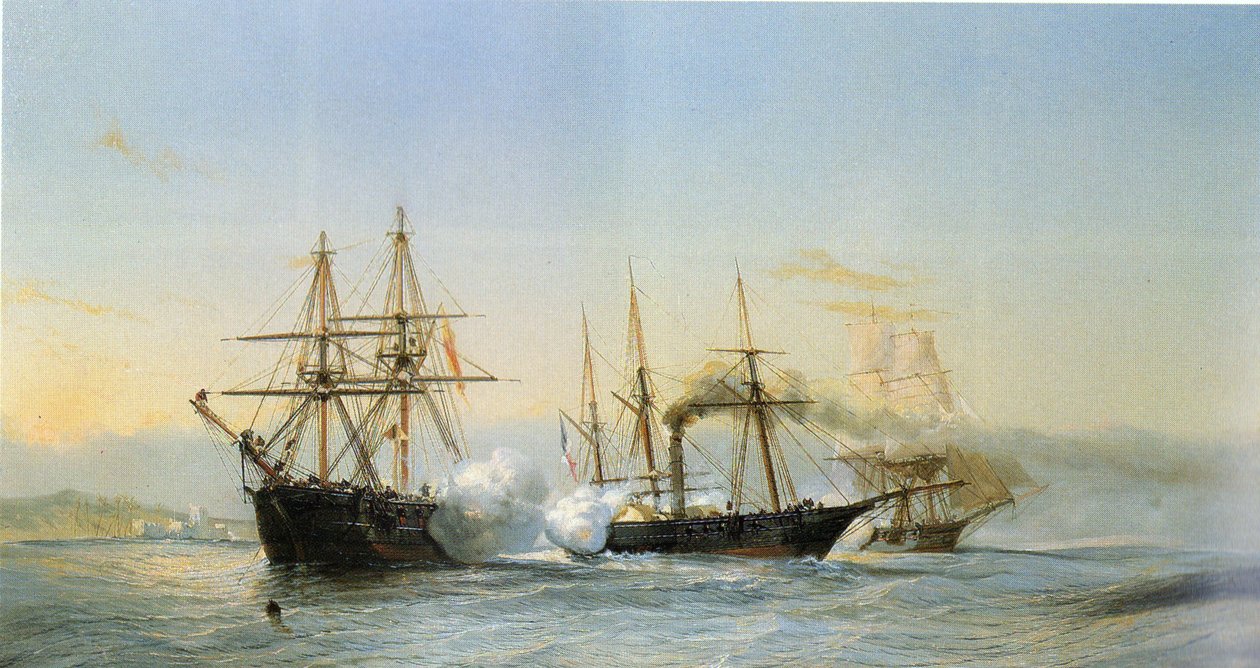 Meritaistelu Marokon rannikon edustalla kahden marokkolaisen prikin ja ranskalaisen pyörillä varustetun korvetin välillä, kun ranskalainen laivue pommitti Mogadoria vuonna 1844. tekijältä Jean Baptiste Henri Durand Brager