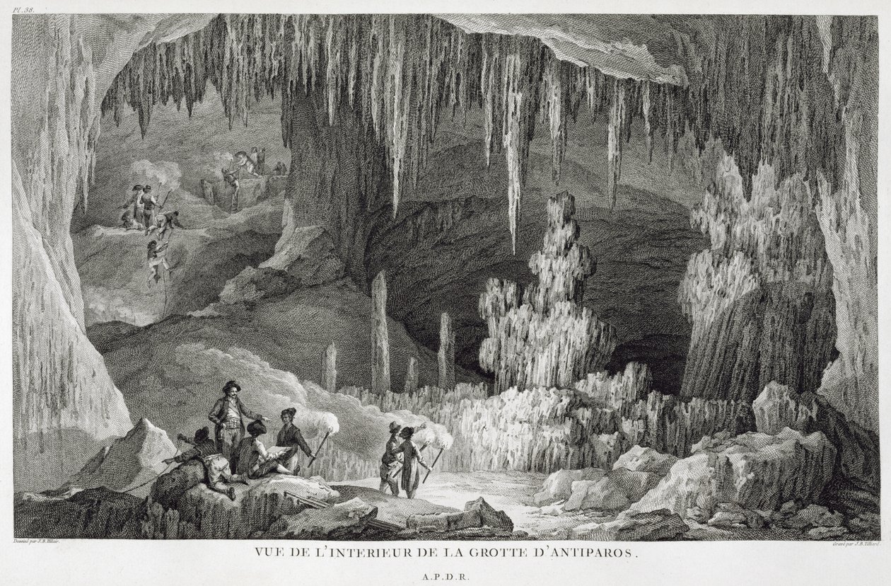 Näkymä Antiparoksen luolan sisäpihasta, kaiverrus Jean Baptiste Tillard (1740-1813) tekijältä Jean Baptiste Hilair
