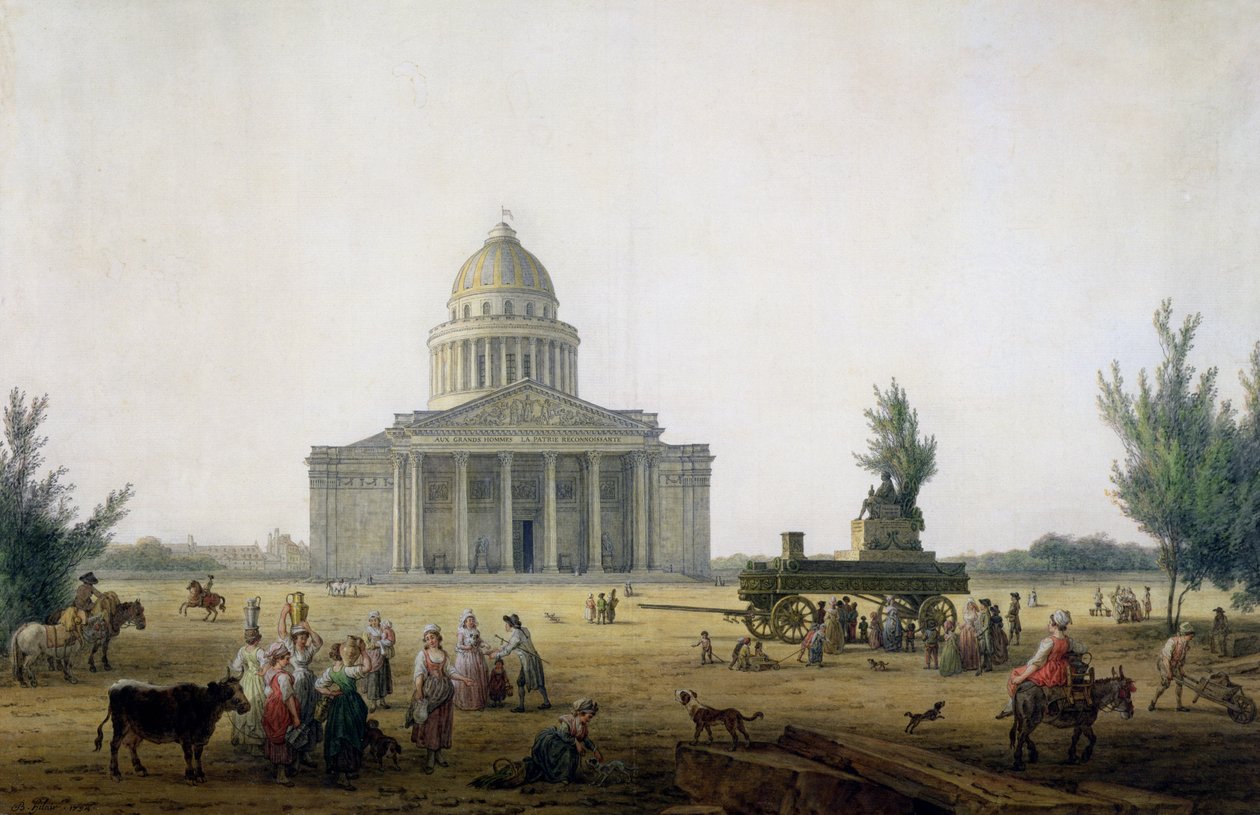 Näkymä Pariisin Pantheonille ja vaunut, joissa on Jean-Jacques Rousseaun (1712-78) patsas, n. 1792 tekijältä Jean Baptiste Hilair