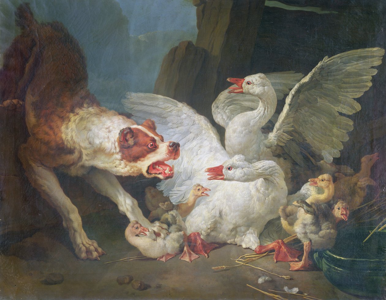 Koira hyökkää hanhia vastaan, 1769 tekijältä Jean Baptiste Huet
