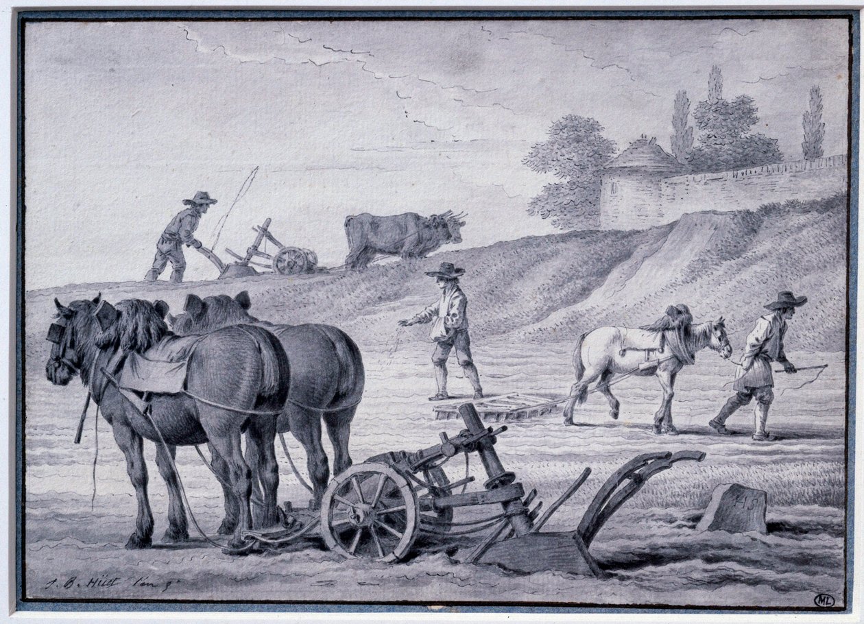 Maatalous: kyntökohtaus. Piirustus Jean Baptiste Huet (1745-1811) 1700-luvun Pariisi, Louvre-museo tekijältä Jean Baptiste Huet