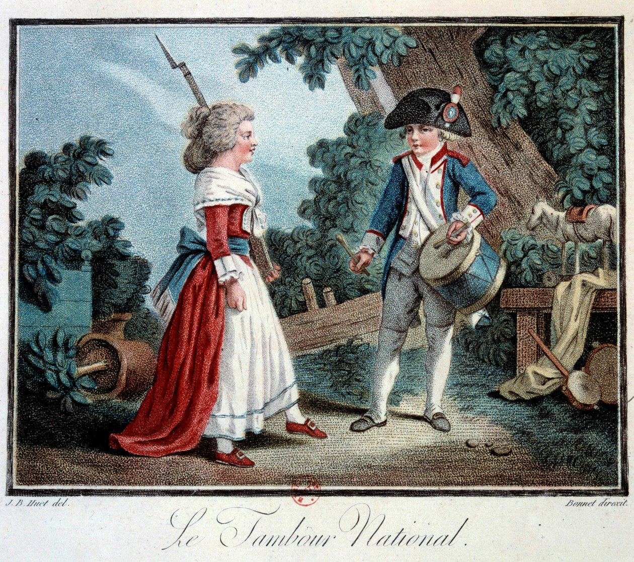 Ranskan vallankumous: "" Le tambour national"" Kaksi pientä lasta valehtelee vallankumouksellisiksi. Litografia Jean Baptiste Huet (1745-1811) 1700-luvun Pariisi, koristetaide tekijältä Jean Baptiste Huet