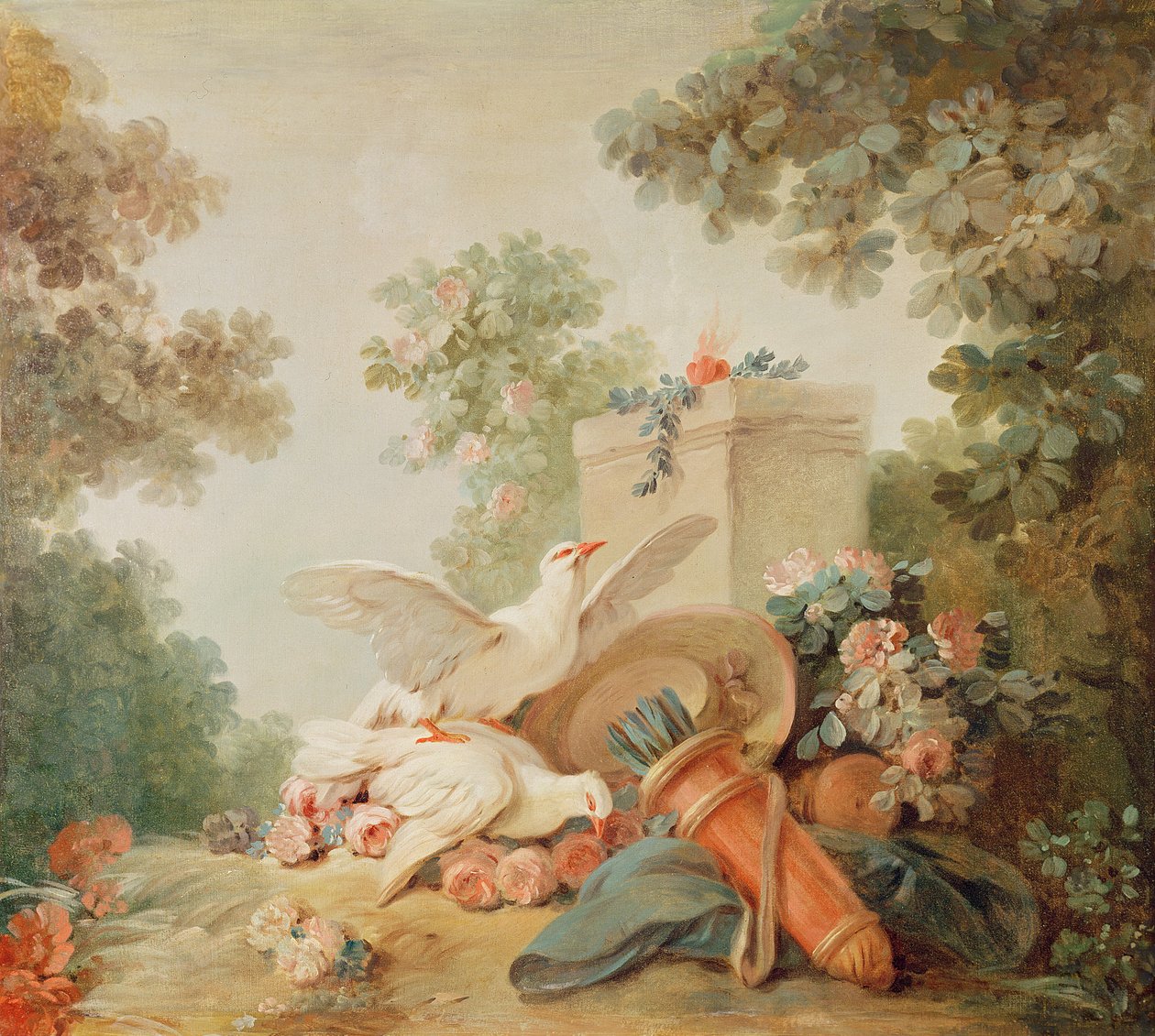 Taidegraafikko Gilles Demarteaun salonki, oven yläpuolella: kyyhkysiä, nuotio ja olkihattu, n. 1750-65 tekijältä Jean Baptiste Huet
