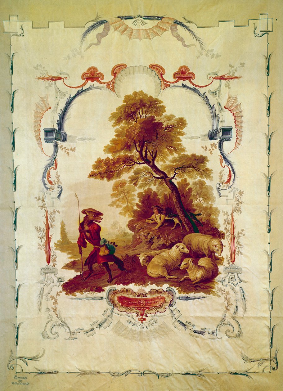 Sudesta tuli paimen Kuvitus Jean de La Fontainen tarinaan. Jean Baptiste Huetin (1745-1811) kuvakudos, valmistettu Beauvais-tehtaissa. 1700-luvun Pariisi, kansalliset huonekalut. tekijältä Jean Baptiste Huet