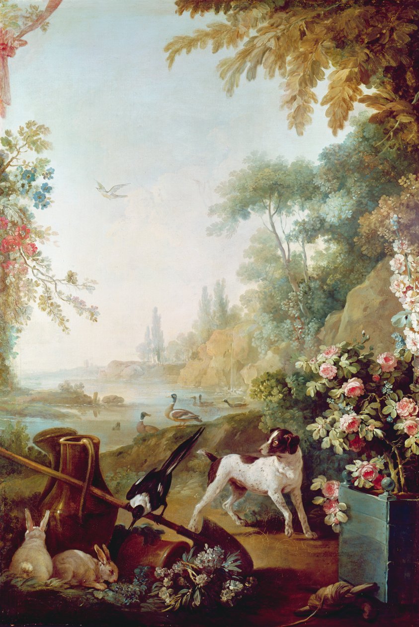 Kaksi kania, harakka ja koira, Gilles Demarteaun salongista (1722-76) tekijältä Jean Baptiste Huet