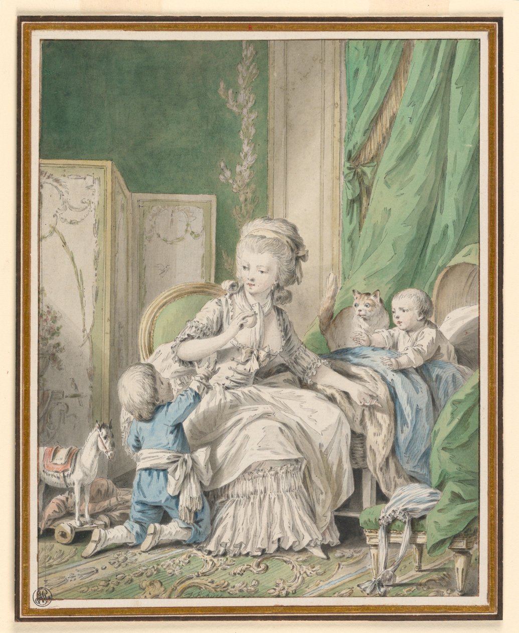 Piirros, Äiti ja kaksi lasta budoaarissa, mahdollisesti 1782. tekijältä Jean Baptiste Huet