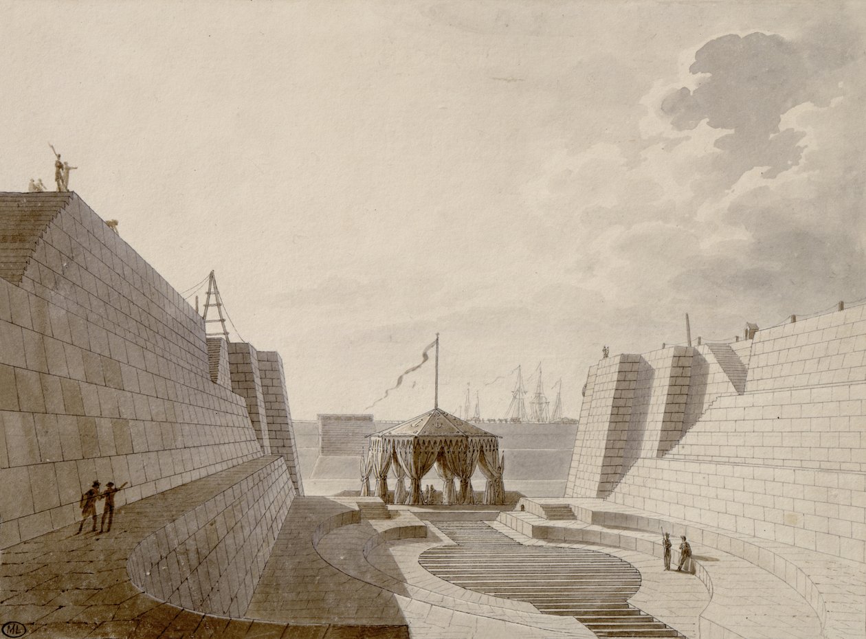 Kuivatelakka Cherbourgissa, heinäkuu 1813 (kynä, muste ja wc paperilla) tekijältä Jean Baptiste Isabey
