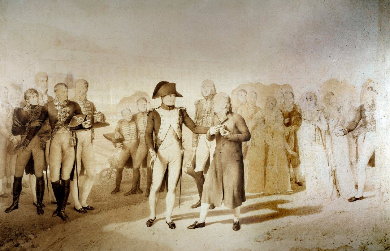 Keisari Napoleon I (1769-1821) ja impress Josephine de Beauharnais vierailevat herra Oberkampfin tekstiilitehtaalla Jouyssa 20.6.1806 Detail. Piirustus Jean Baptiste Isabey (1767-1855) 1806 Sun. 1,28x1,45 m Versailles, linnamuseo tekijältä Jean Baptiste Isabey