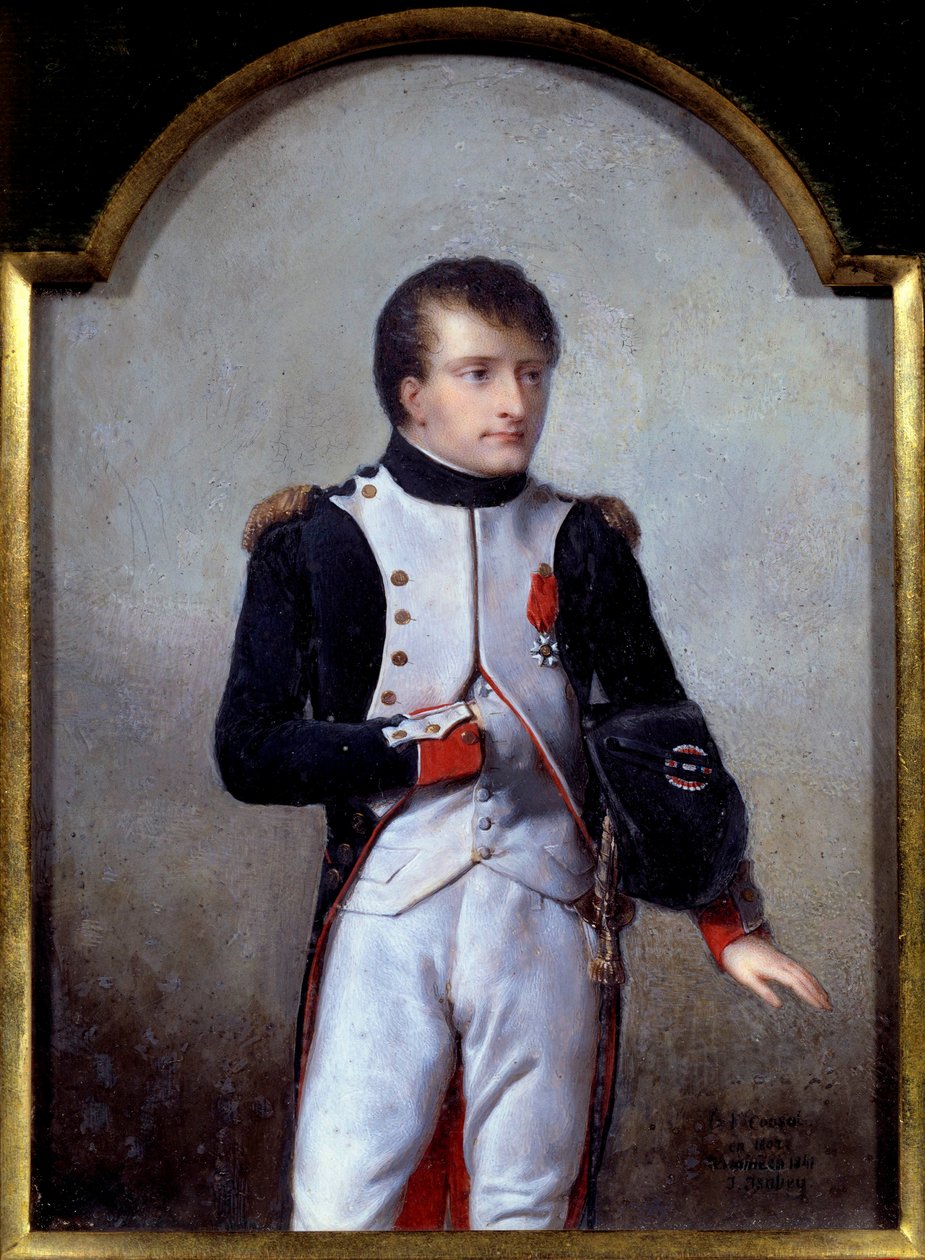 Napoleon Bonaparten (1769-1821) ensimmäisen konsulin muotokuva vuonna 1802 Jean Baptiste Isabeyn (1767-1855) maalaus 1841, öljy norsunluulle tekijältä Jean Baptiste Isabey