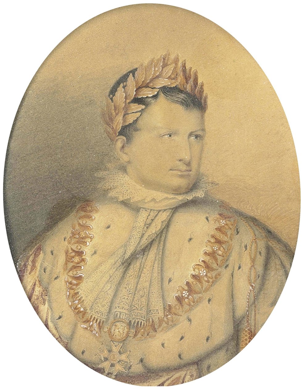 Napoleonin muotokuva. Lyijykynä ja akvarelli, 14 x 10,5 cm (ovaali) tekijältä Jean Baptiste Isabey