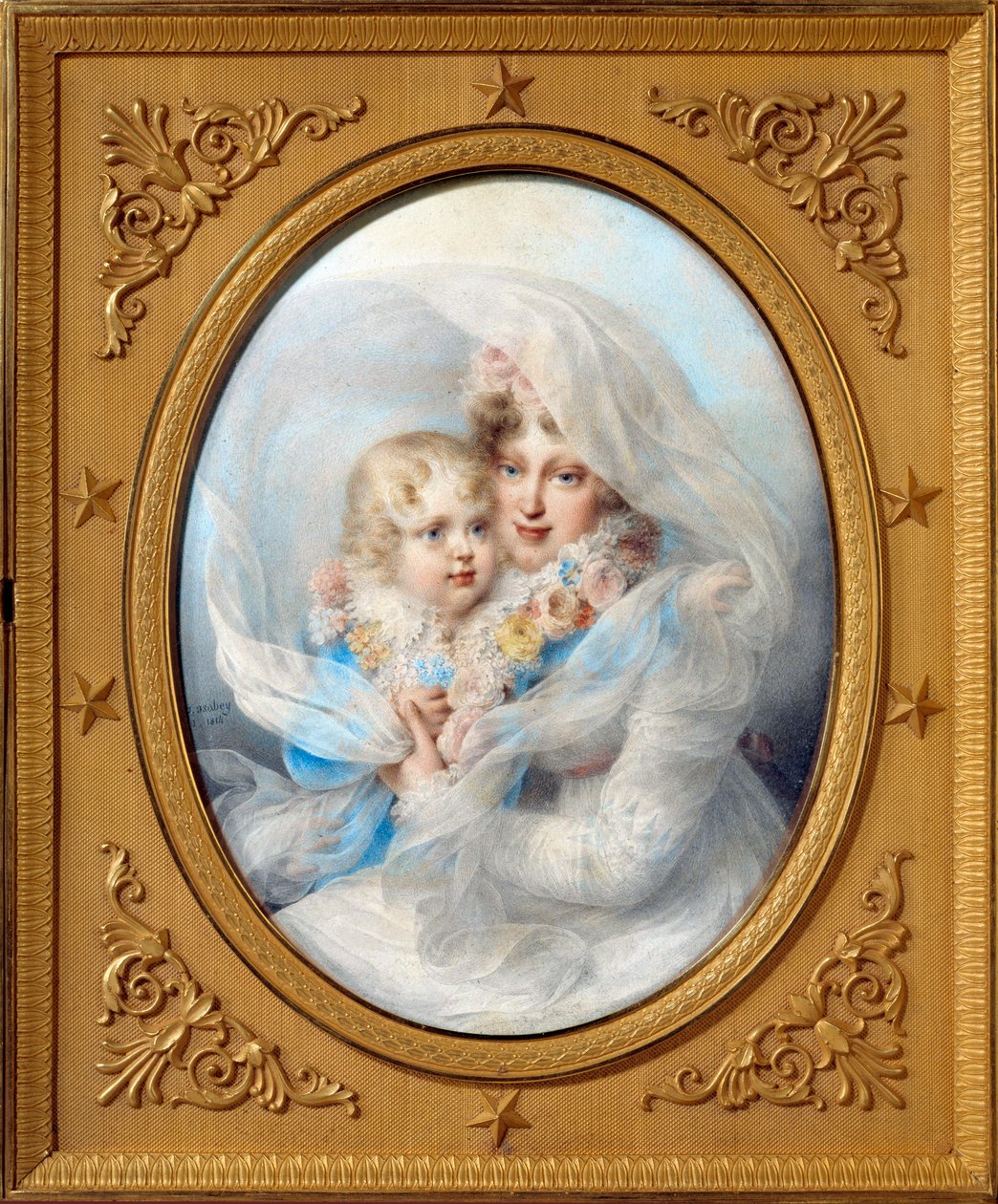Muotokuvia impress Mary Louisesta (1791-1847) ja Rooman kuninaasta, Napoleon II:sta, Reichstadtin herttuasta (1811-1832), keisari Napoleon I:n pojasta (1769-1821) Johannes Kastaja Isabeyn (1767-1855) maalaus Yksityinen kokoelma 18145 tekijältä Jean Baptiste Isabey