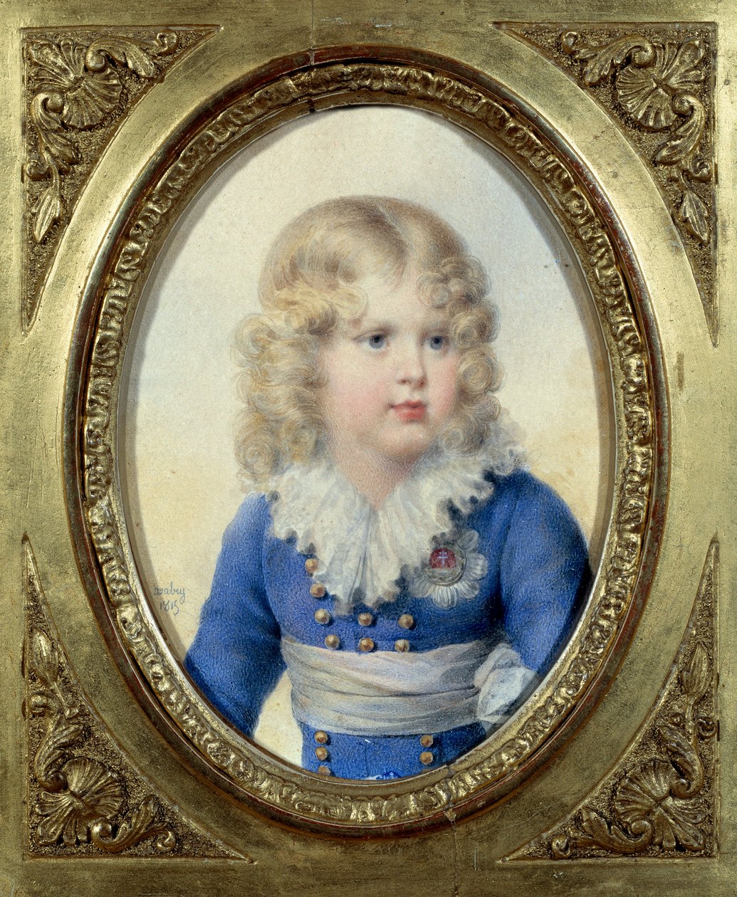 Rooman kuningas ja Parman prinssi Napoleon II, Reichstadtin herttua (1811-1832) keisari Napoleon I:n (1769-1821) poika sinisessä mekossa”” John Baptiste Isabeyn (1767-1855) akvarelli 1815 su. 0,1x0,14 m Malmaison, linnamuseo tekijältä Jean Baptiste Isabey