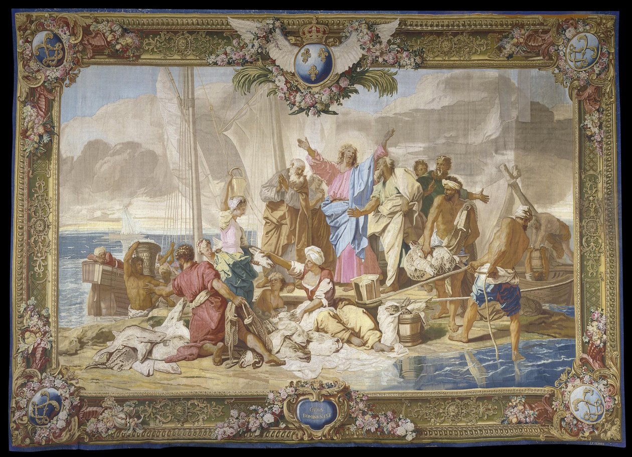 ""Ihmeellinen kalastus"" Uusi testamentti roikkuu villassa ja silkissä Manufacture royale des Gobelins, Jean Lefebvren työpaja Jean Jouvenet
