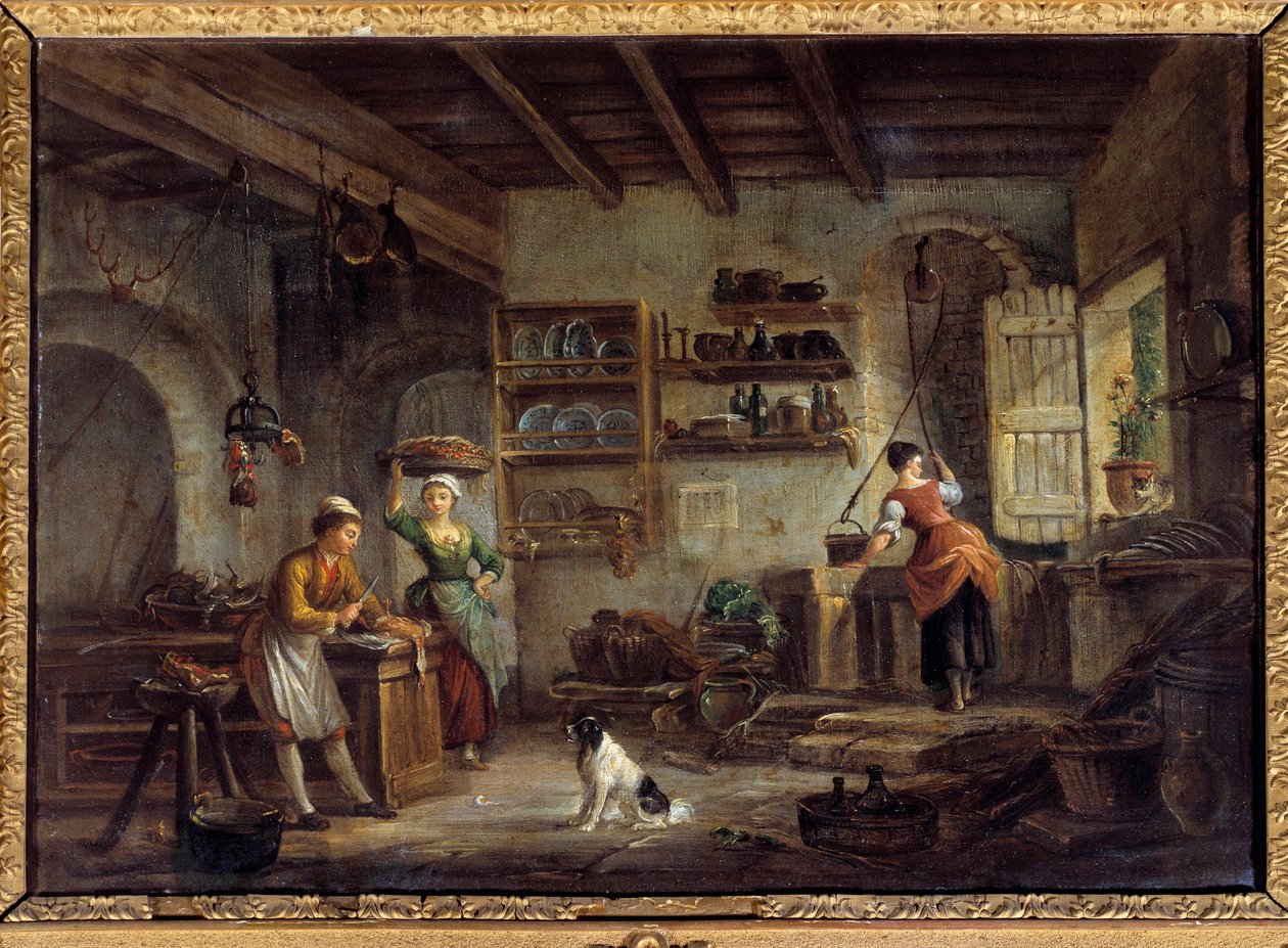Keittiön sisustus Kokit ja piiat valmistavat isäntänsä aterioita. Jean Baptiste Lallemantin (1710-1803) maalaus 1700-luvulta Bourg en bresse, Musee de Brou tekijältä Jean Baptiste Lallemand