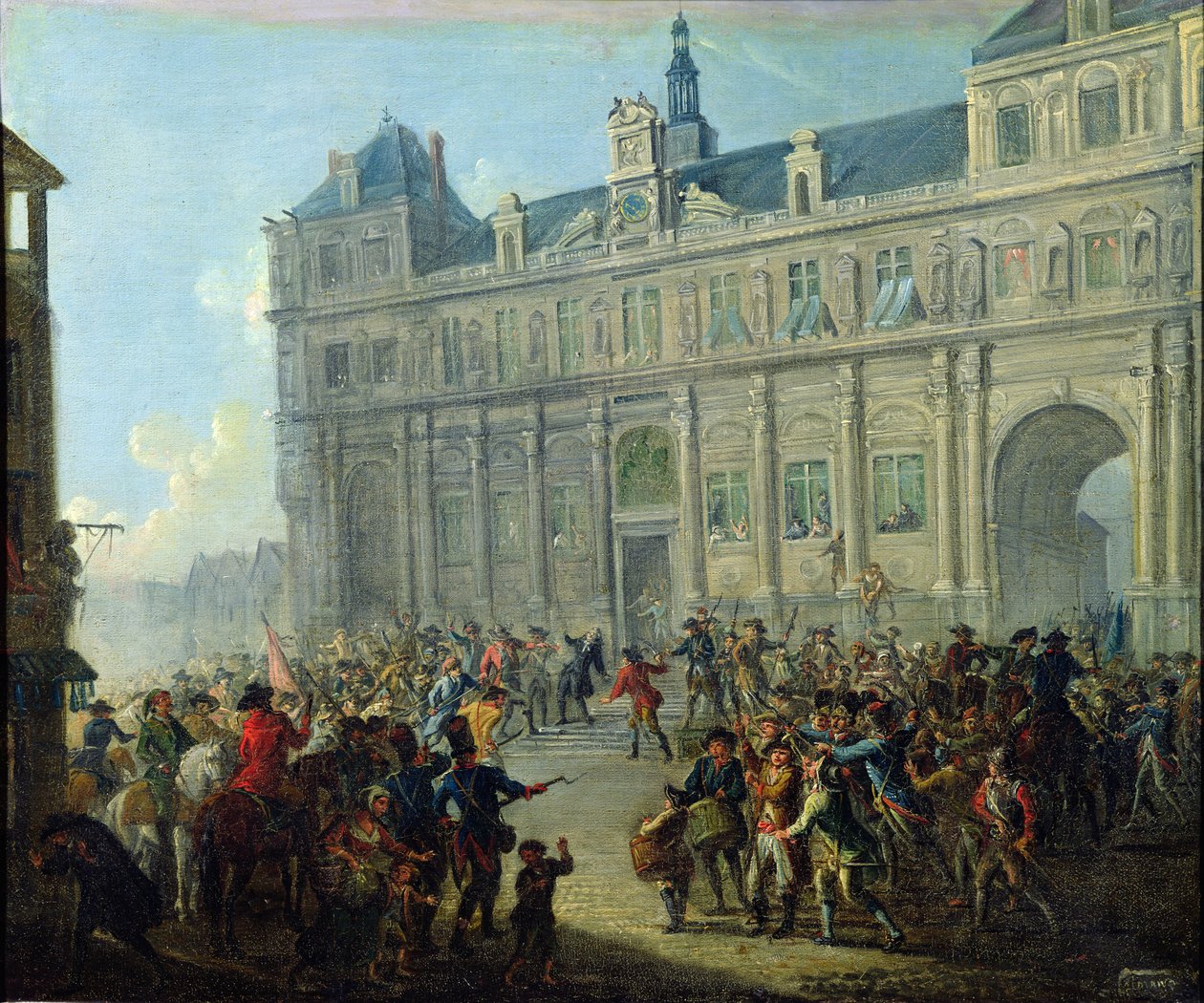Jacques de Flessellesin salamurha kaupungintalon portailla 14. heinäkuuta 1789 tekijältä Jean Baptiste Lallemand