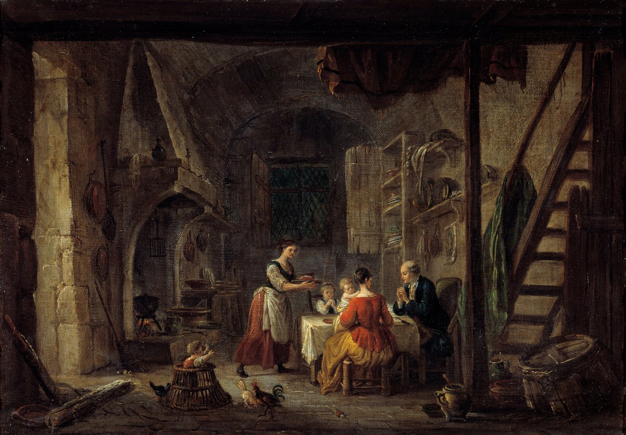 Benedicite-kohtaus ateriasta talonpoikaisperheessä, rukous. Jean Baptiste Lallemantin (1710-1803) maalaus 1700-luvulta Bourg en bresse, Musee de Brou tekijältä Jean Baptiste Lallemand