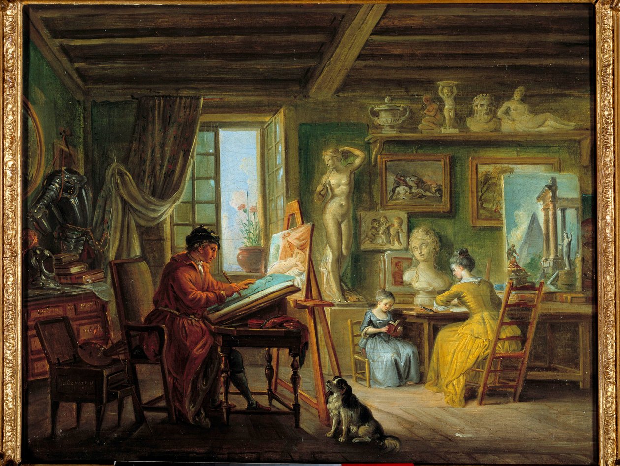 Taidemaalarin työpaja Jean Baptiste Lallemandin (1710-1803) maalaus 1700-luvun Dijon, Kuvataidemuseo tekijältä Jean Baptiste Lallemand