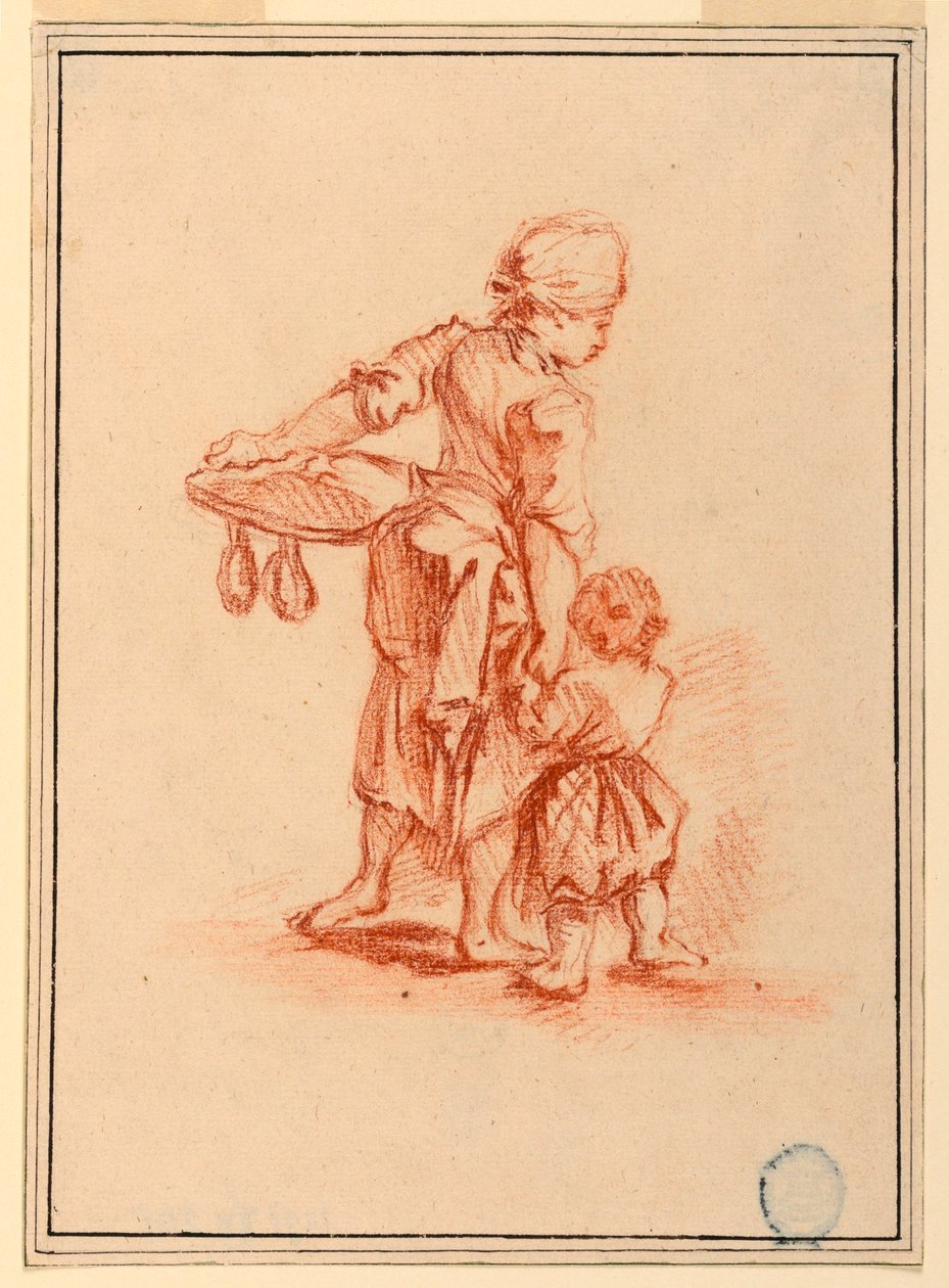 Piirros, Nainen johdattamassa lasta, 1750-75 tekijältä Jean Baptiste Le Prince