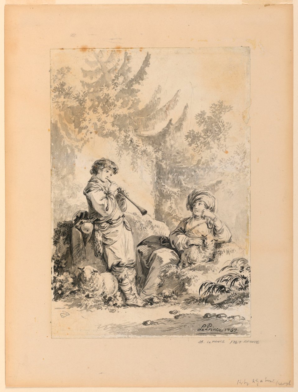 Piirros, Paimenpoika ja paimentyttö maisemassa, 1767 tekijältä Jean Baptiste Le Prince