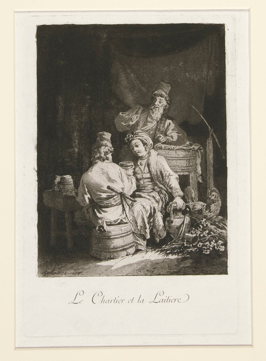 La vertu au cabaret (Hyve kabareessa) ja Le charretier et la laitiere (Carter ja meijerinainen) tekijältä Jean Baptiste Le Prince