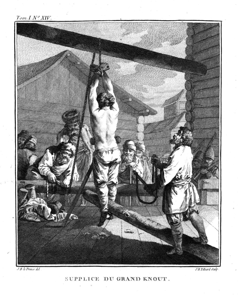Rangaistus Suurella Knoutilla. Teoksesta Voyage en Sibérie, 1766 tekijältä Jean Baptiste Le Prince