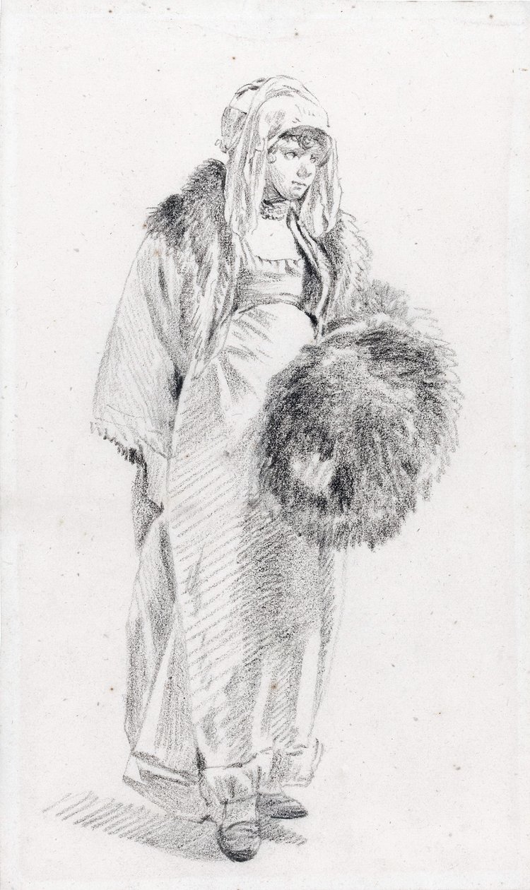 Venäläinen nainen turkismuhvilla par Le Prince, Jean-Baptiste (1734-1781), Vuosina 1758-1761 - Musta liitu paperille, 22,9x13,8 - Yksityiskokoelma tekijältä Jean Baptiste Le Prince