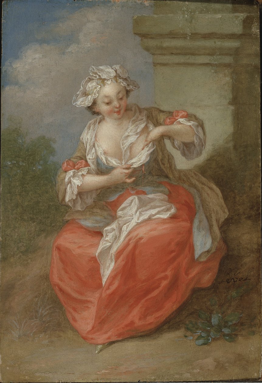 Nuori tyttö jahtaa kirppuja, n. 1750 (öljy kankaalle) tekijältä Jean Baptiste Lebel