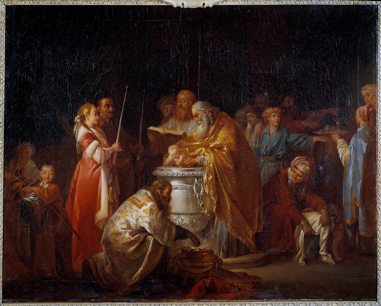 Venäjän kaste Ortodoksinen paavi kastaa lapsen vanhempiensa edessä. Jean Baptiste Leprincen (1733-1781) maalaus 1765 su. 0,73x0,92 m tekijältä Jean Baptiste Leprince