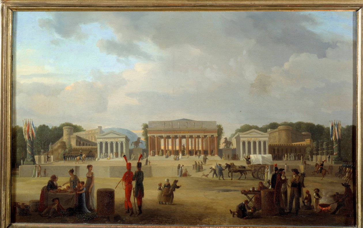 Näkymä suuresta teatterista Place de la Concorde -aukiolla Pariisissa fete de la Paix -juhlille 18. sumu ja X (11.9.1801) Jean Baptiste Cazinin (1791-1810) maalaus 1801 Su. 0,35x0,56 m Pariisi, Musee Carnavalet tekijältä Jean Baptiste Louis Cazin