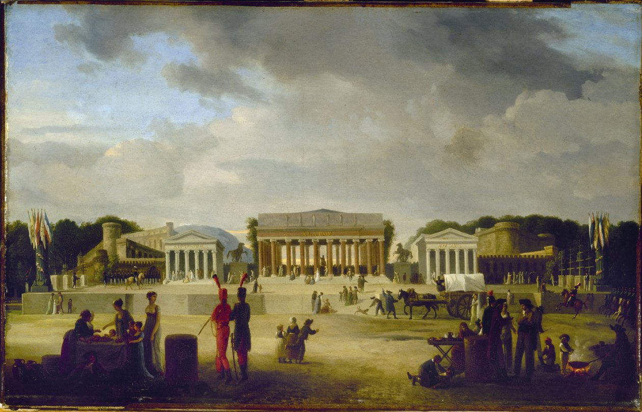 Vue du grand théâtre élevé sur la place de la Concorde pour la fête de la Paix, le 18 brumaire, an X (9 novembre 1801), vuonna 1801 (öljy puulle) tekijältä Jean Baptiste Louis Cazin