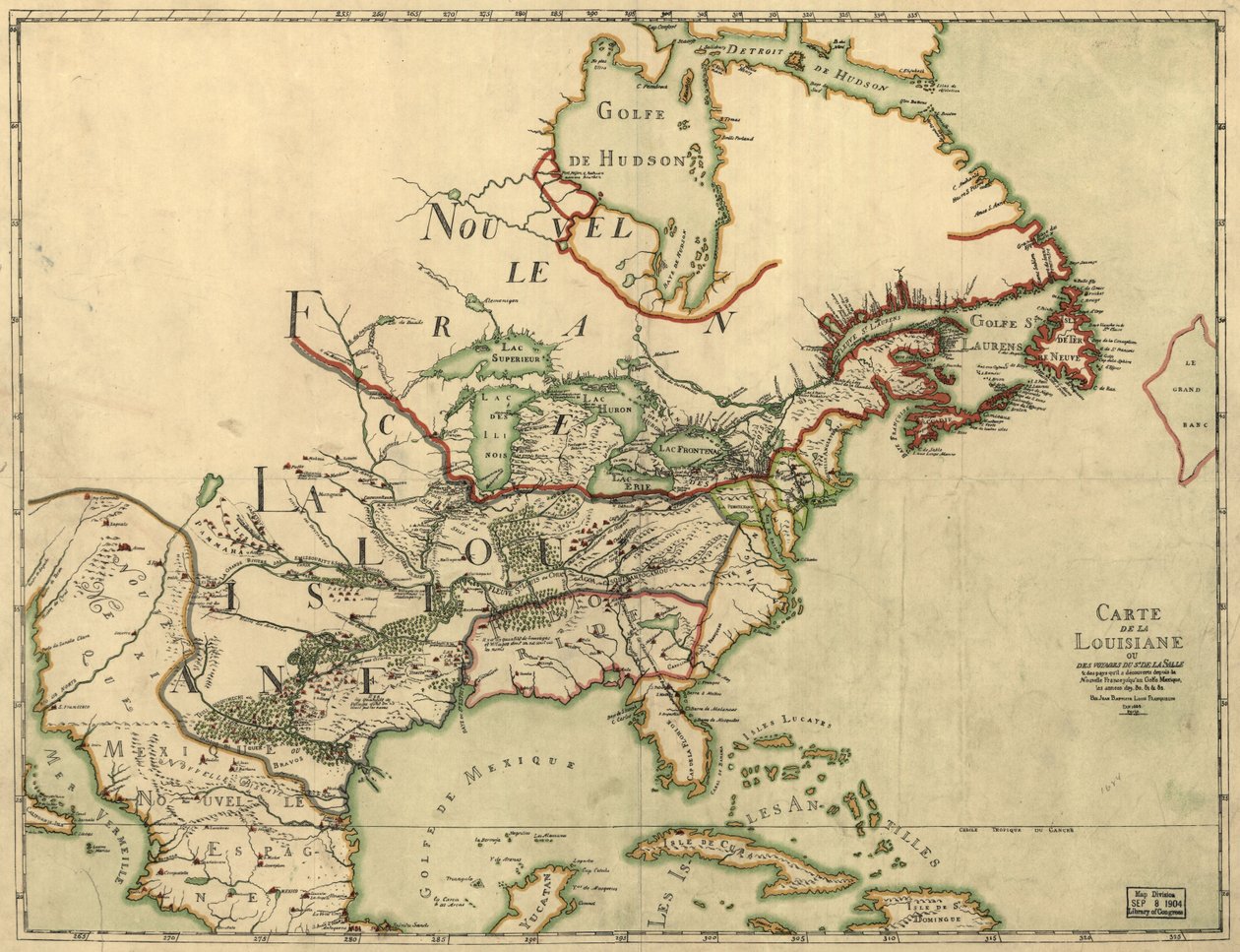 Franquelinin kartta Louisianasta. LOC 2001620469 tekijältä Jean Baptiste Louis Franquelin