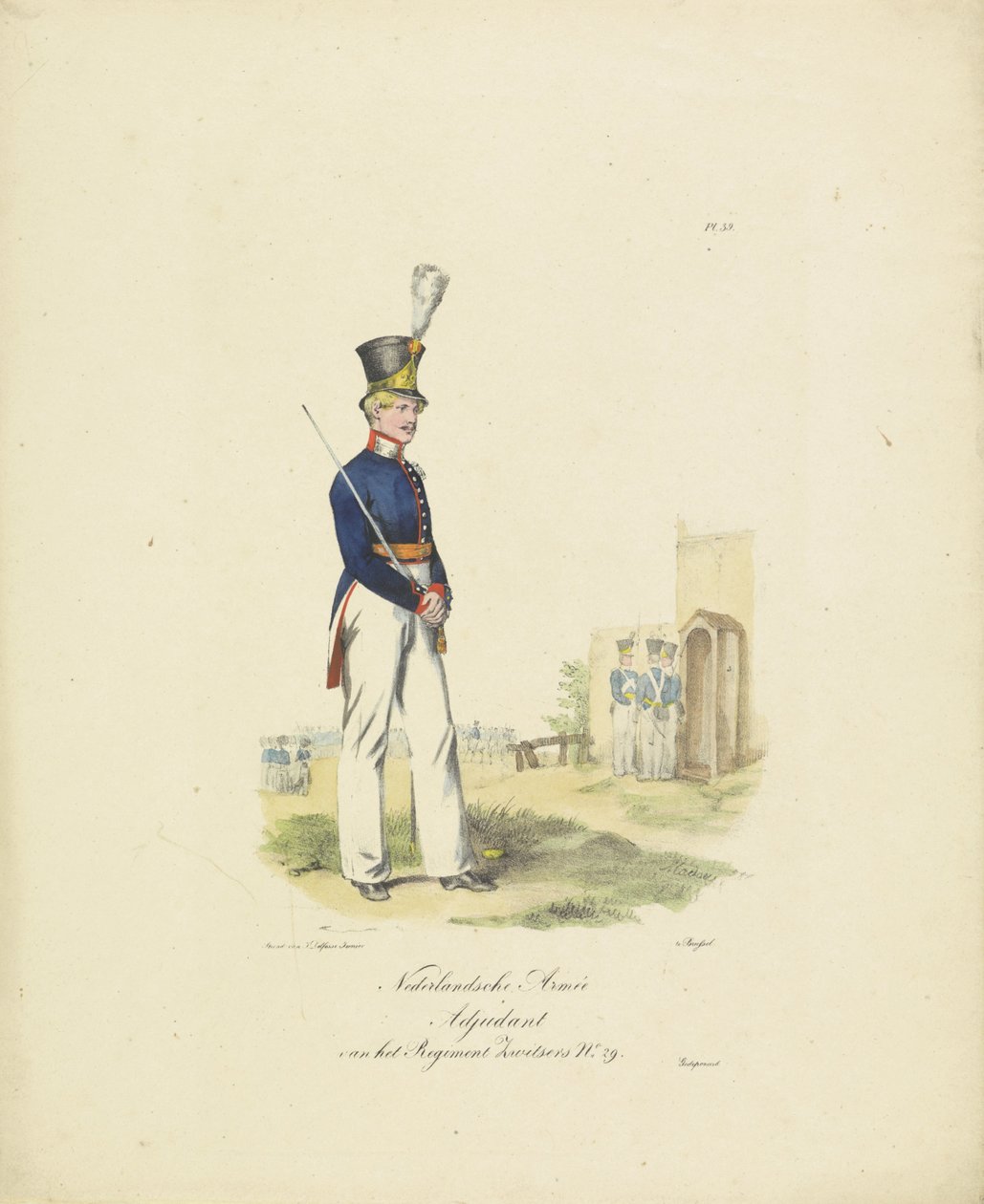 Sveitsin rykmentin adjutantti, 1820-1825 Sveitsin rykmentin hollantilainen armee-adjutantti nro. 29 (otsikko esineessä) Alankomaiden kuningaskunnan sotilasasut. Omistettu Hänen ylhäisyydelleen Willem van Bylandtille (sarjan nimi esineellä tekijältä Jean Baptiste Madou