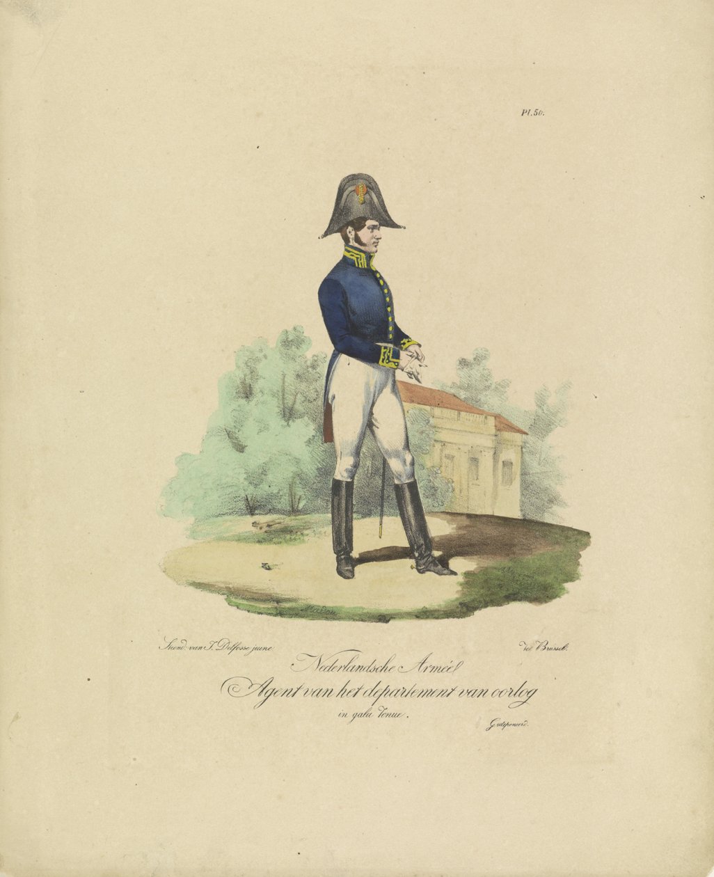 Sotaosaston agentti, 1820-1825 Nederlandsche Armée Sotaosaston agentti juhlapukussa (nimi esineessä) Alankomaiden kuningaskunnan sotilasasut. Omistettu Hänen korkeutensa Willem van Bylandtille (sarjan nimi tekijältä Jean Baptiste Madou
