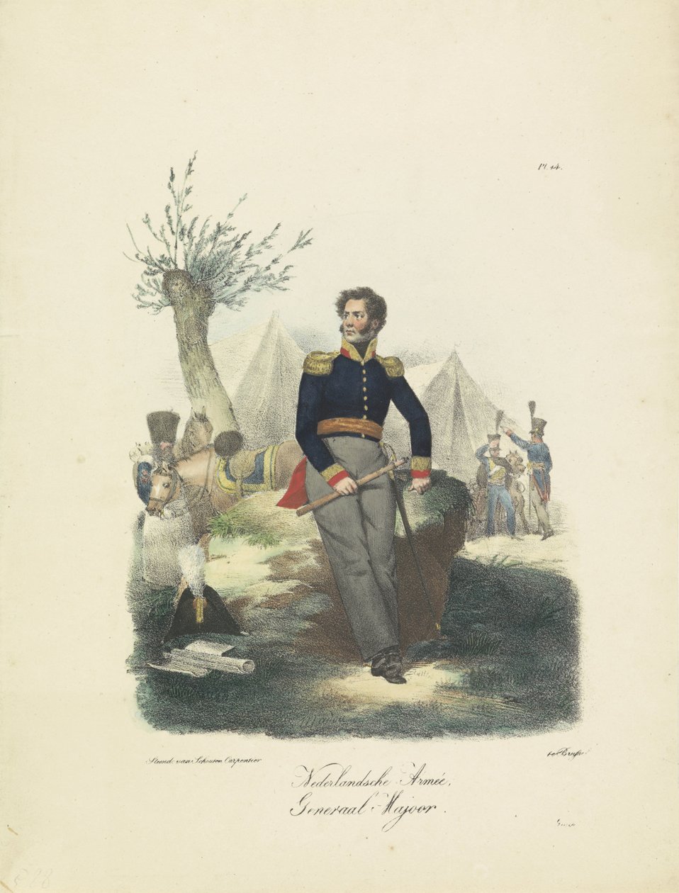 Kenraalimajuri, 1820-1825 Hollannin armeija, kenraalimajuri (otsikko esineessä) Alankomaiden kuningaskunnan sotilasasut. Omistettu Hänen ylhäisyydelleen Willem van Bylandtille (sarjan nimi esineellä) tekijältä Jean Baptiste Madou
