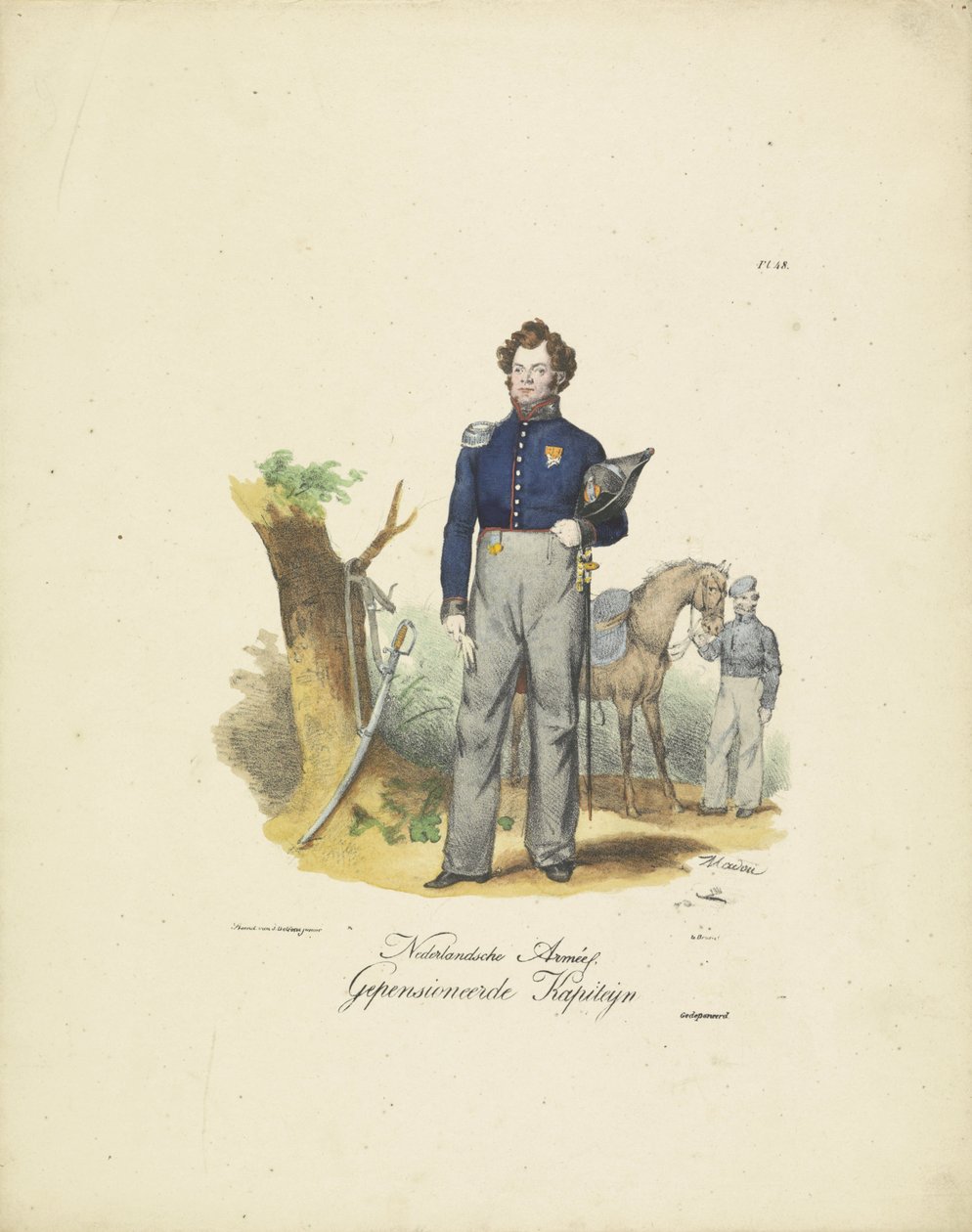 Eläkkeellä oleva kapteeni, 1820-1825 Nederlandsche Armée, eläkkeellä oleva Kapiteyn (nimi esineessä) Alankomaiden kuningaskunnan sotilasasut. Omistettu Hänen ylhäisyydelleen Willem van Bylandtille (esineessä sarjan nimi) tekijältä Jean Baptiste Madou