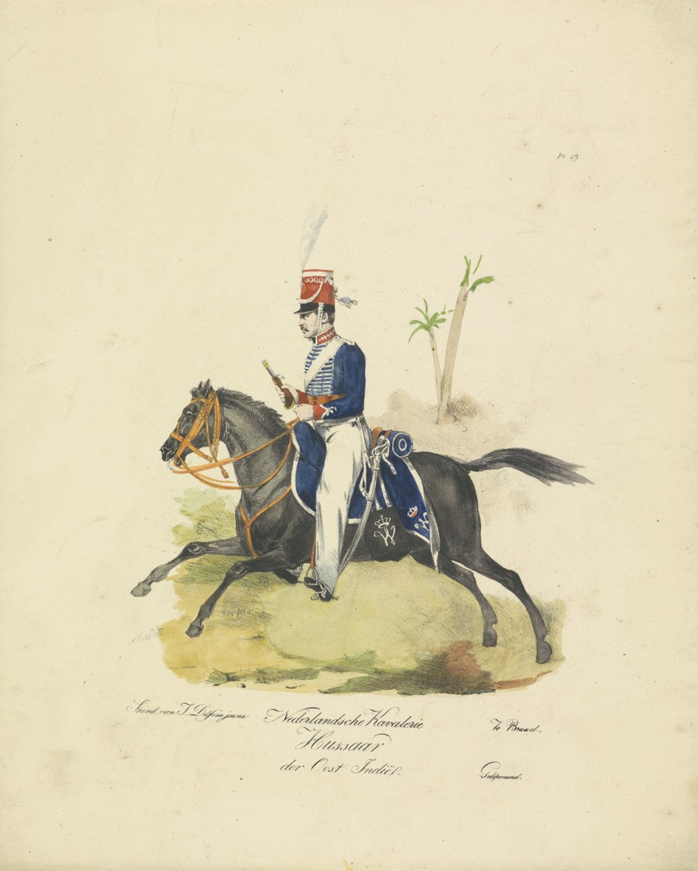Hollannin Itä-Intian armeijan husaari, 1820-1825 Itä-Intian hollantilainen Kavalerie Hussaar (otsikko esineessä) Alankomaiden kuningaskunnan sotilasasut. Omistettu Hänen ylhäisyydelleen Willem van Bylandtille (esineessä sarjan nimi) tekijältä Jean Baptiste Madou