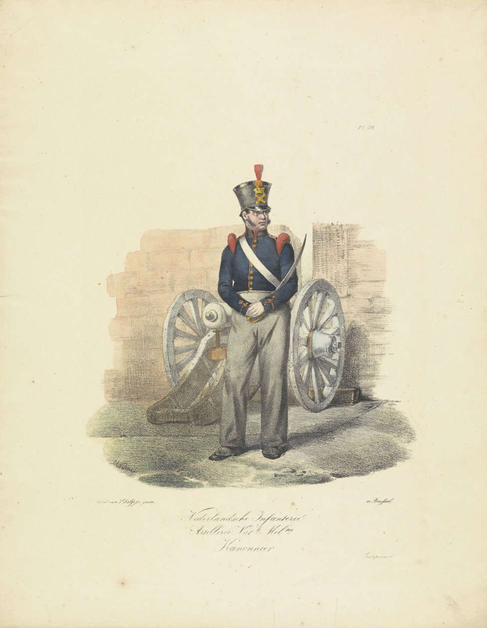 Gunner, 1820-1825 Nederlandsche Infanterie Artillerie Nat.le Mil.tie Kanonnier (otsikko esineessä) Alankomaiden kuningaskunnan sotilasasut. Omistettu Hänen ylhäisyydelleen Willem van Bylandtille (esineessä sarjan nimi) tekijältä Jean Baptiste Madou