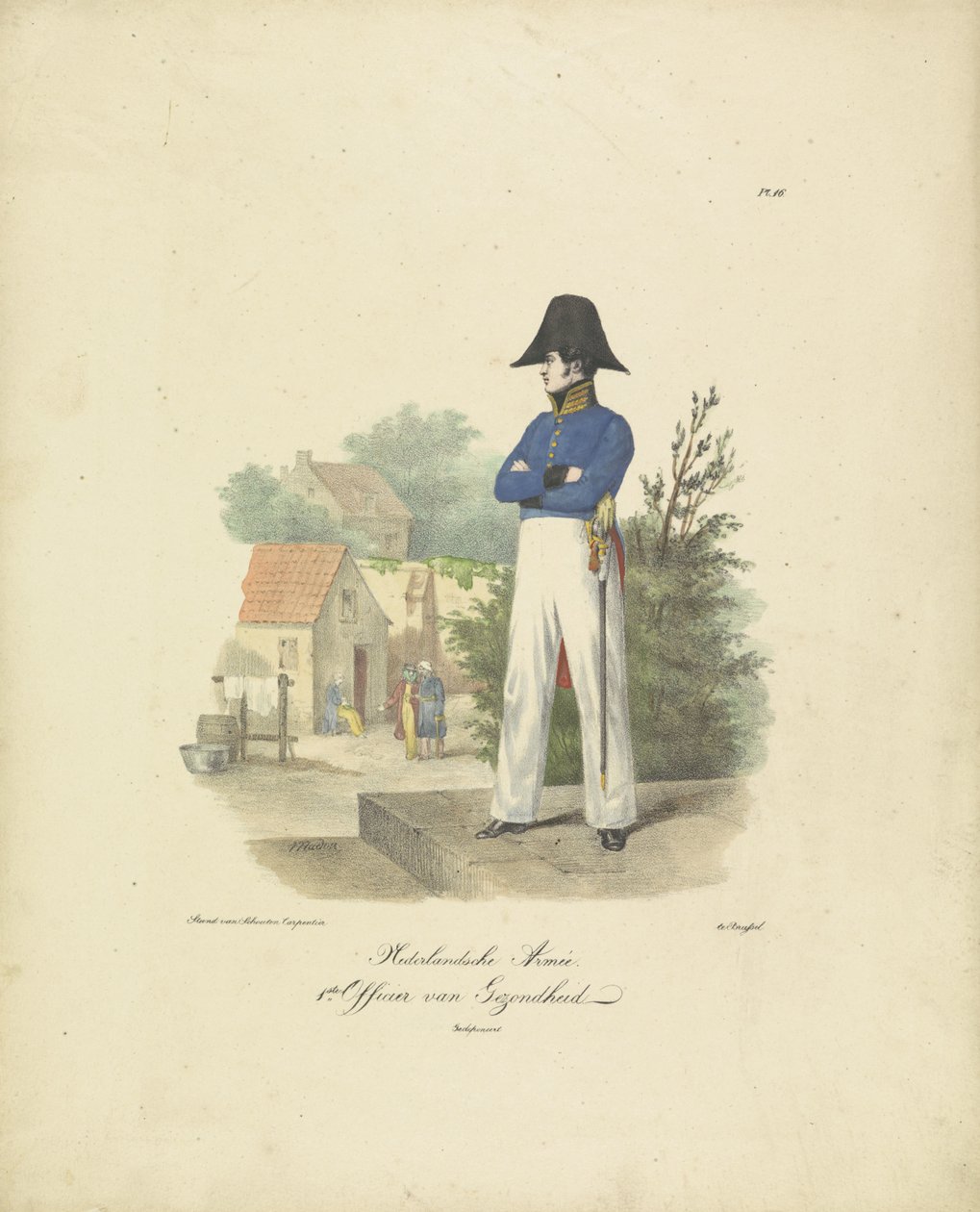 Terveysviranomainen, 1820-1825 Hollannin armeija. 1. terveystarkastaja Alankomaiden kuningaskunnan sotilasasut. Omistettu Hänen ylhäisyydelleen Willem van Bylandtille (esineessä sarjan nimi) tekijältä Jean Baptiste Madou