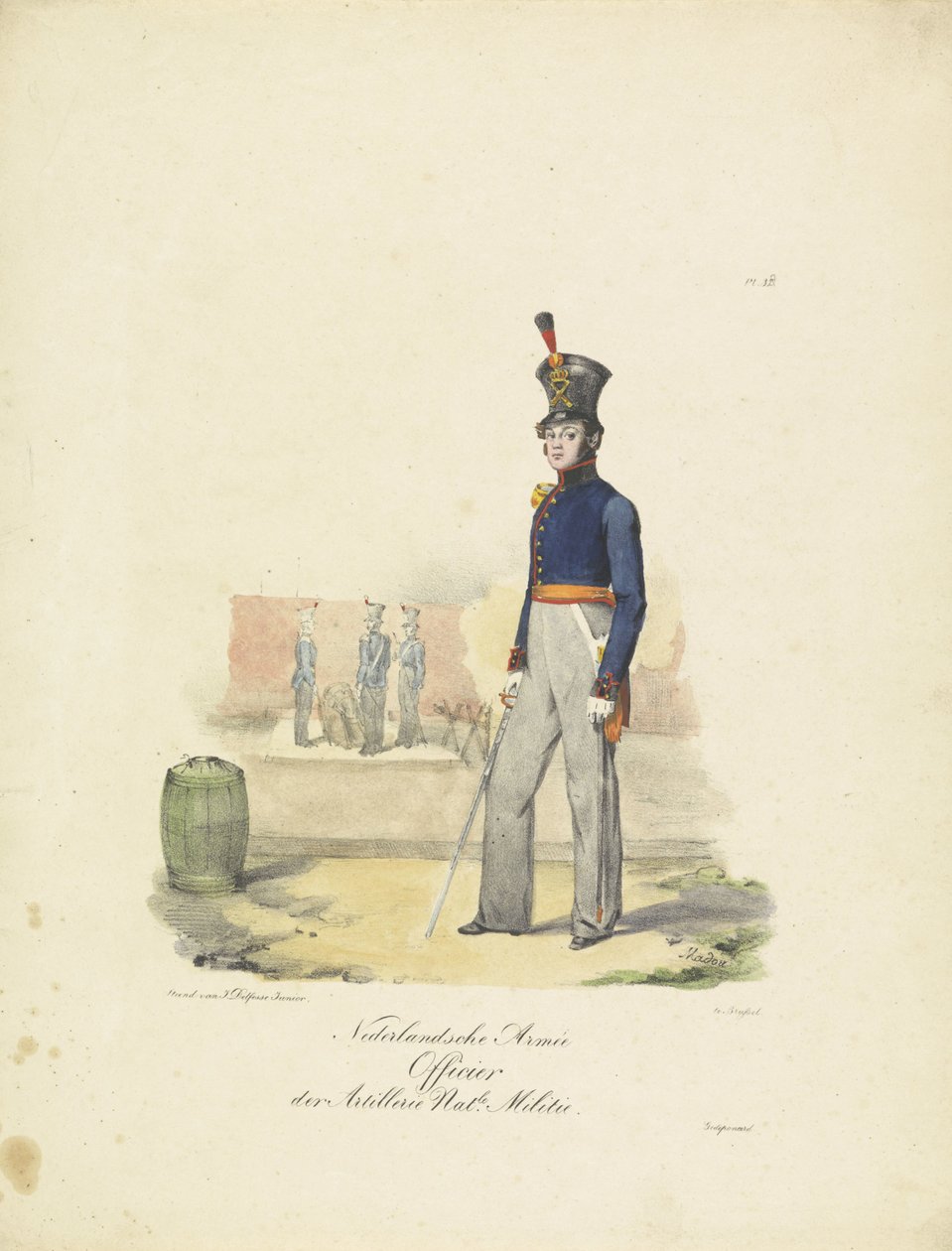 Tykistön upseeri, 1820-1825 Nederlandsche Armée Officier der Artillerie Nat.le Militie (otsikko esineessä) Alankomaiden kuningaskunnan sotilasasut. Omistettu Hänen ylhäisyydelleen Willem van Bylandtille (esineessä sarjan nimi) tekijältä Jean Baptiste Madou